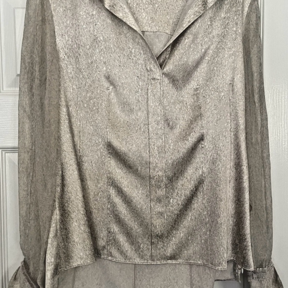 Elie Tahari Metallic Taupe Button-Down Satin Shirt
